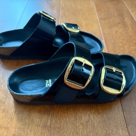 Birkenstock Arizona Big Buckle Shiny Black Sandals with Gold 38 - Picture 3 of 5